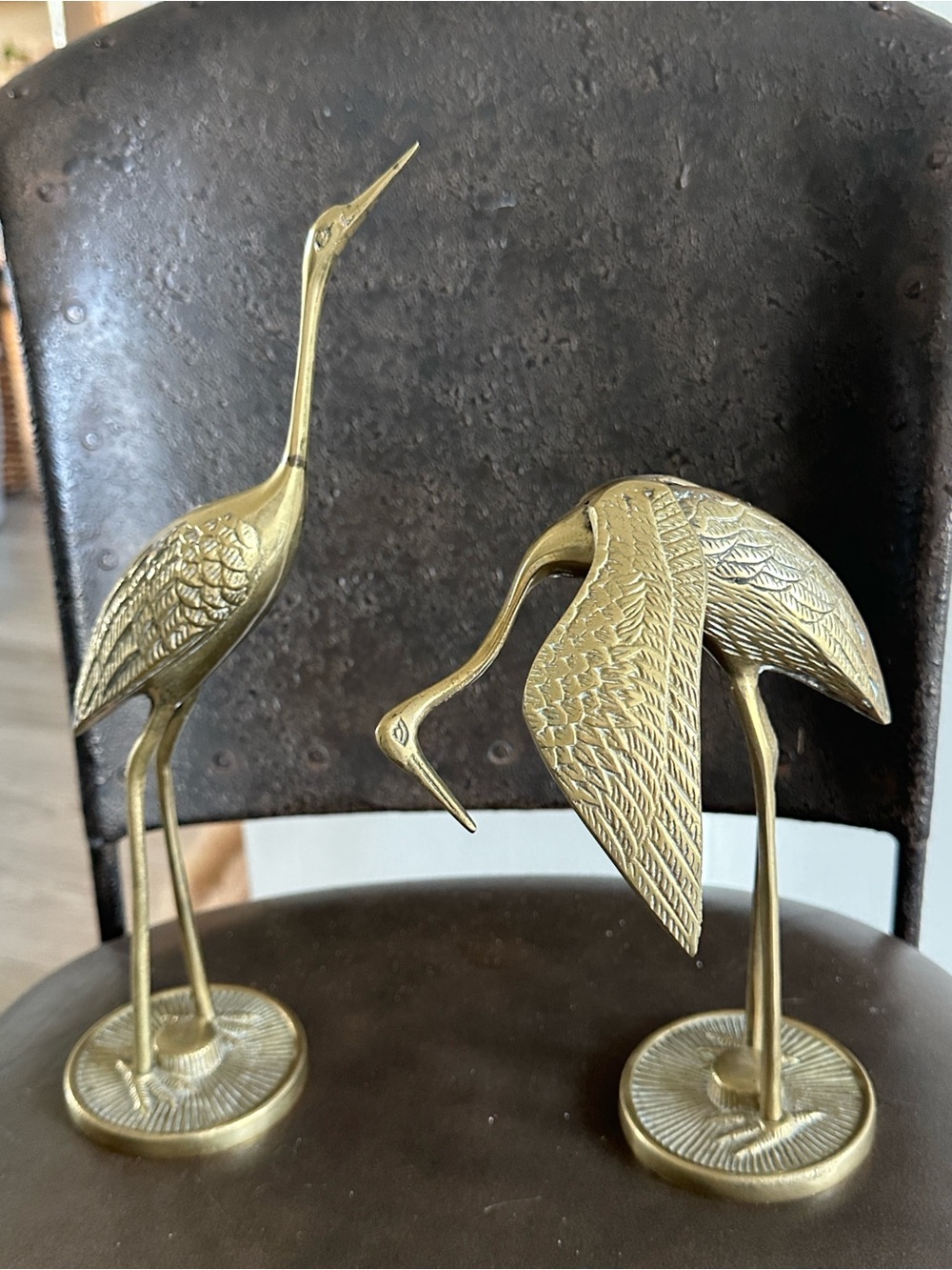 Brass Crane Sculpture Pair - Elegant Gold Home Art